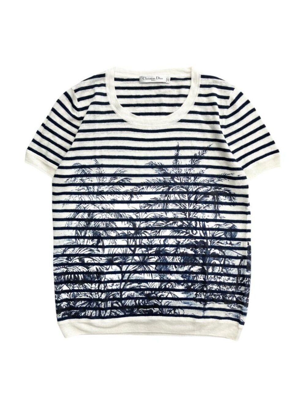 Dior Cashmere Silk Summer Knit Sweater Short Sleeve Border All Over Print White